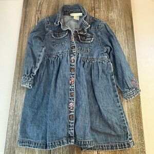 Oshkosh Denim Dress Baby Girl 24MO Blue Jean Button Up Embroidered Flowers